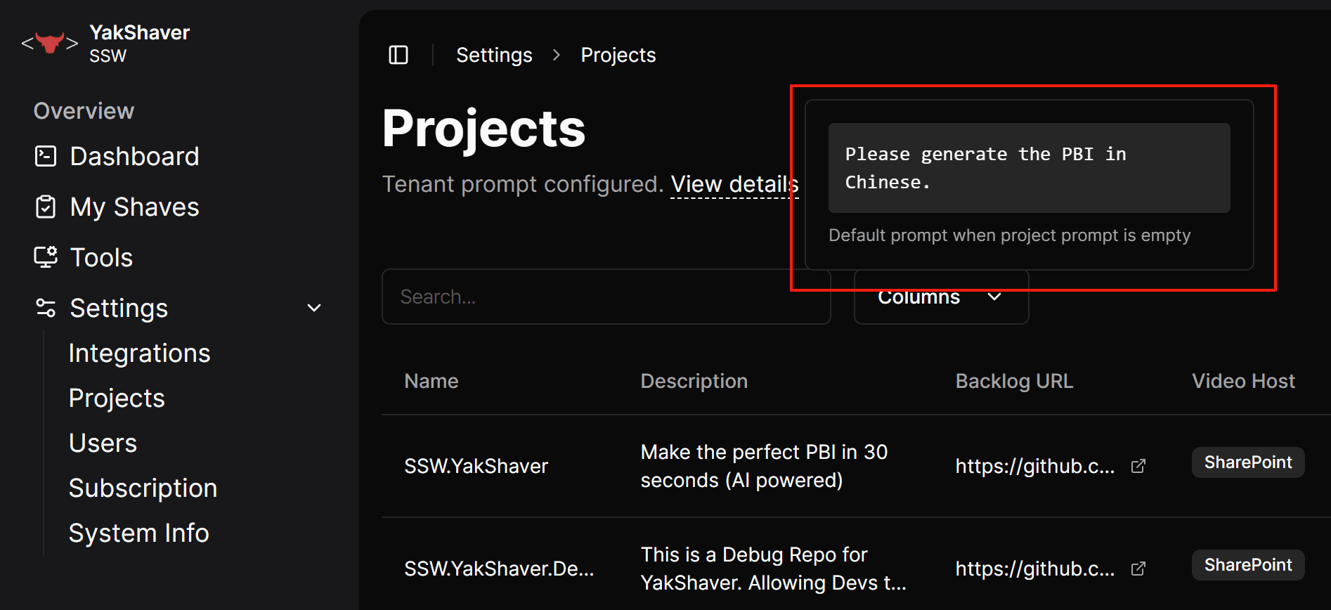 Configure Tenant Prompt